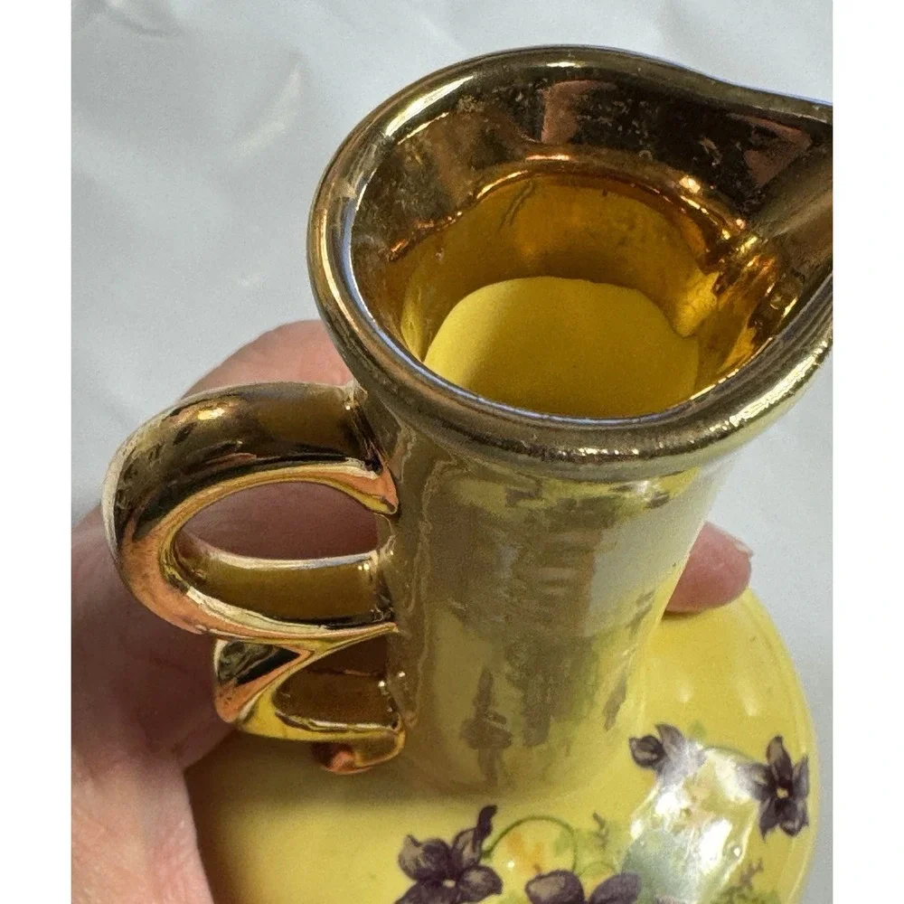 Vintage Yellow Ceramic Miniature Bud Vase Purple Violets Gold Trim 6.25in